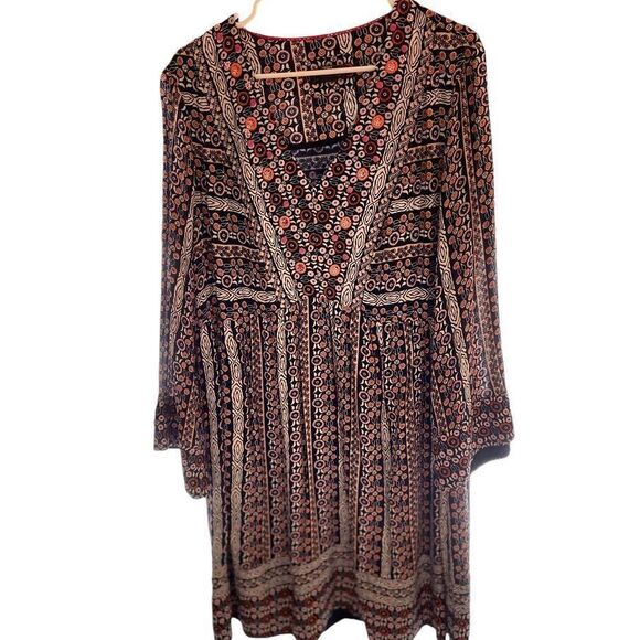 Anthropologie Mauve Boho Floral Print V-Neck Tunic Dress with Embroidered Detail - Picture 5 of 7